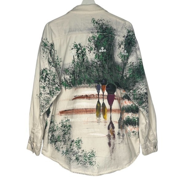 Marguerita Oversized Hand Painted Off White Denim Shacket Top Size M‎ - Picture 2 of 15